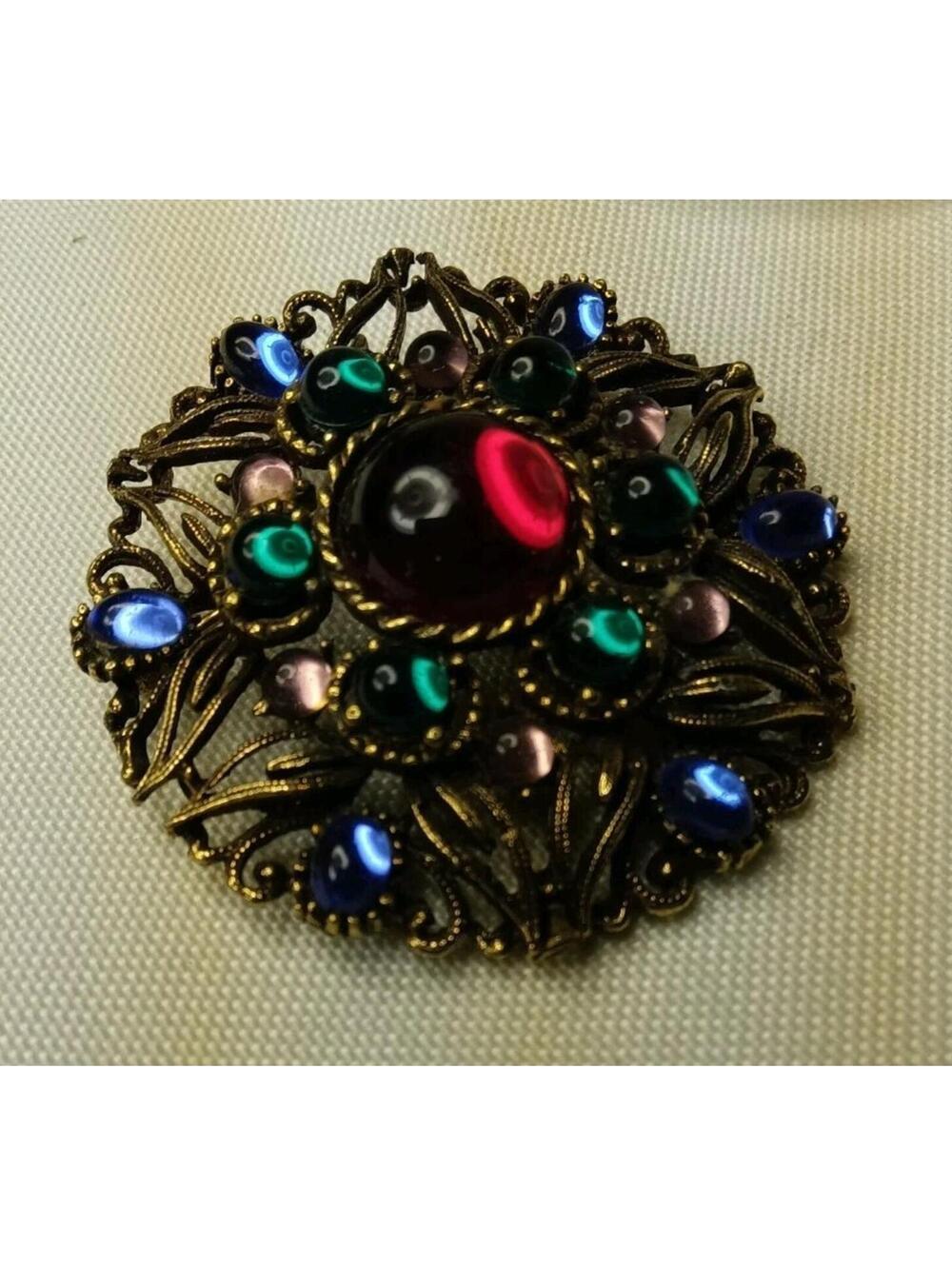 Vintage Multi-Color Jeweled Filigree Brooch Blessed By The Missionary Oblates